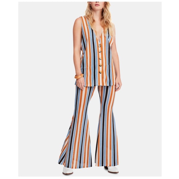 Free People Pants - Free People Bridget Sripe Set in Blue Mustard Combo sz Large NWT